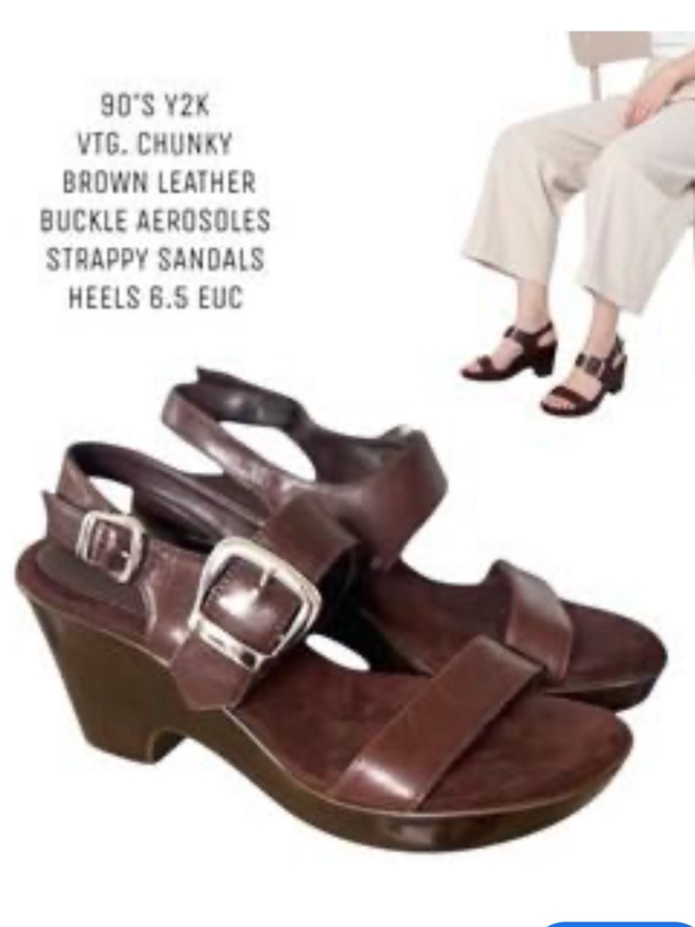 AEROSOLES Dark Brown Leather Strappy Wedge Sandals